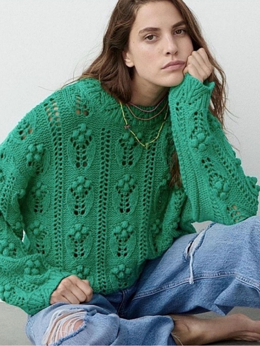 Zara Chunky Bubble Loose Knit Sweater Size Small Green Crewneck Blogger Favorite - Picture 6 of 12